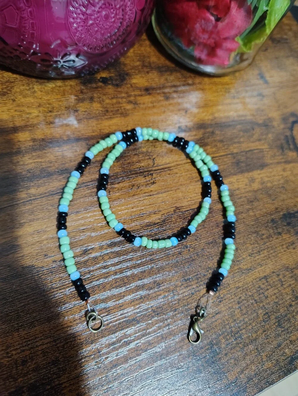 Handmade Green, Black & Light Blue Beaded Men's Necklace